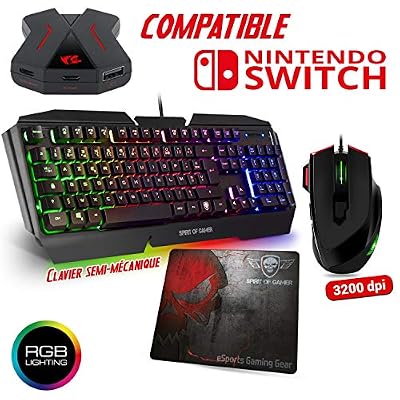 SOG Pack Clavier Semi mécanique Pro-K5, Souris RGB et Tapis Pro pour Console Switch - Convertisseur Inclus