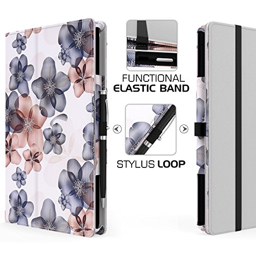 MoKo Fire 2015 7 Zoll Hülle – Kunstleder Ständer Schutzhülle Smart Cover mit Stift-Schleife und Stanfunktion für Amazon Fire Tablet (Vorherige 5th Generationeration – 2015 Modell) Tablet, Blumen Marineblau - 8