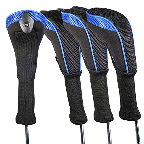 Andux 4pcs Long Cou Couvre de tête du Club de Golf Hybride Noir et Rouge interchangeables NO. tag CTMT-01 (Blue)