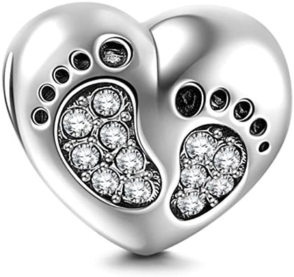 Ollia Jewelry 925 Sterling Silver Charm Heart Style Foot Print Bead, Size 11.3X9.2 mm, fit Troll, Chamilia, Biagi and other 3mm European Styles Bracelets