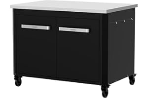 cozze® | Cuisine extérieure Basse H70 cm avec Plan INOX | Hauteur idéale pour plancha | 2 Portes | 2 étagères Fixes | 6 Crochets | 4 roulettes Ø75 mm | Acier thermolaqué Noir | Charge Max 100 kg