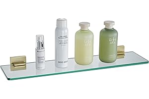 KOKOSIRI Wall Shelves Floating Bathroom Glass Shelf Kitchen Storage, 20'' x 5.6'' Tempered Glass Wall Mounted Brushed Gold Stainless Steel B1106BG-L20