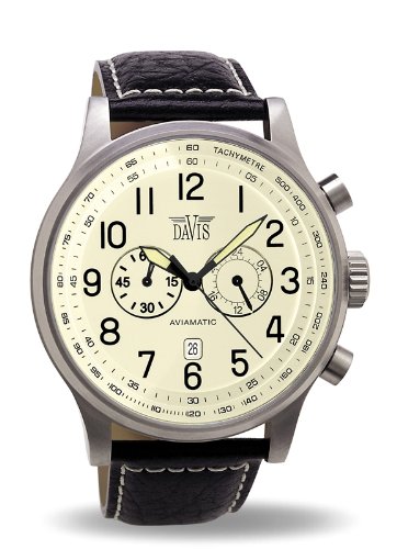 Davis 0454 - Herren Fliegeruhr Chronograph Wasserdicht 50M Ziffernblatt Beige Datum Lederarmband Schwarz