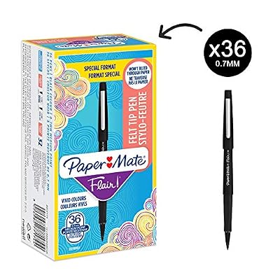 Papermate Paper Mate Flair Feutres de Coloriage, pointe moyenne (0,7 mm), noir, lot de 36