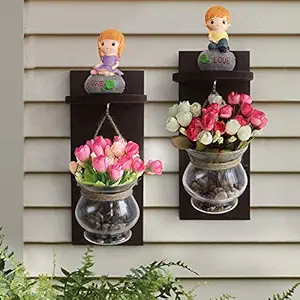 TIED RIBBONS Wood Wall Shelf with Flower Vase and Artificial Flowers (11.99 cm x 0.99 cm x 37.01 cm, Set of 2), wood and glass,