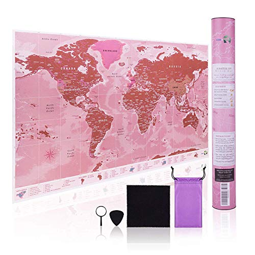 Scratch Off World Map Large - Rose Gold - Ultra detailed with all U.S States - Accessories Kit and Gift Tube - 70 x 42cm - Deluxe Cartographic design by Atlas&Green