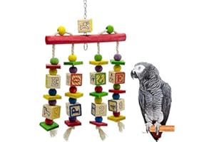 Acidea Wooden Knots Block Parrot Toys with Bells for African Grey, Multicolored Natural Wooden Bird Toy Budgie Toy for Medium and Large Parrots, Cockatoo, African Grey, Macaws