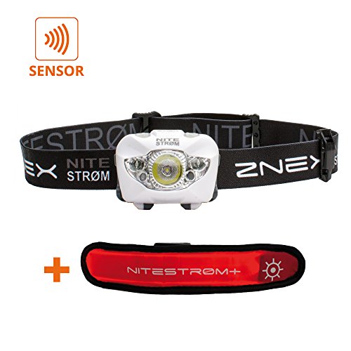 ZNEX Nitestrøm | Super Helle Wasserdichte IPX6 LED Stirnlampe 168 Lumen mit Infrarot-Sensor-Gestensteuerung, Rotlicht, Blinklicht, SOS-Notfall-Pfeife + GRATIS LED-Leuchtarmband