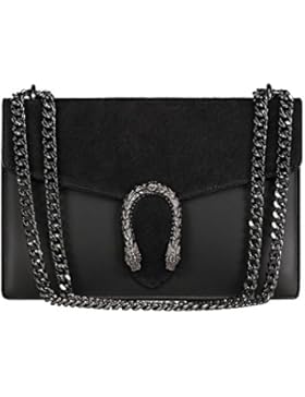 RONDA Umhängetasche Handtasche mit Kette und Schließen von Zubehör metallischen dunklem Nickel, Glatteleder und...