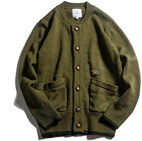 FZHLY Retro Stitching Men's Cardigan Youth Round Neck Sweater,Green-XL