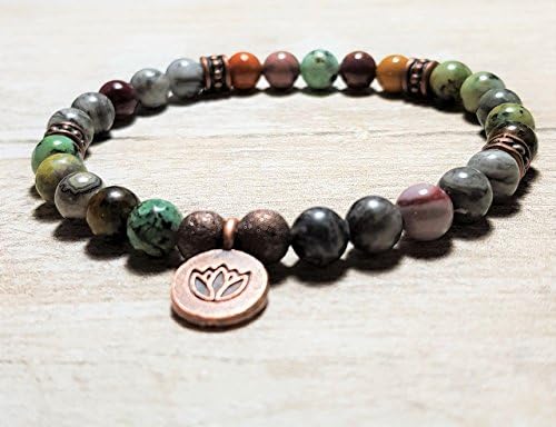 Strength, Courage, Positive energy Gemstone Bracelet with Mookaite, Jasper, African Turquoise Copper/Bronze and Lotus Charm 6mm