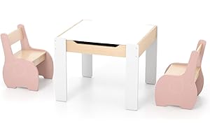 GYMAX Kids Table and Chair Set, Children Activity Desk with 2 Chairs, Reversible Blackboard Tabletop and Hidden Storage Space, 3 Pieces Wooden Toddler Furniture Set for Boys Girls (Pink+White)