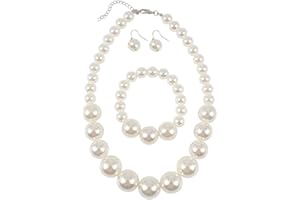 Borsgye Große Perlen Schmuck Set Nachgemachte Perlenkette Kirsch Armband Ohrstecker Damen Halskette Runde Zuchtkette Statement Perlenarmband Perlen Ohrringen für Hochzeit Events Party - Weiß