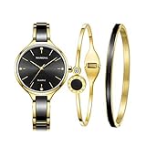 MAMONA Damen Uhr Analog Quarz mit Edelstahl Armband Keramik Uhrenset 30 Meter Wasserdicht 3877LT (Schwarz)