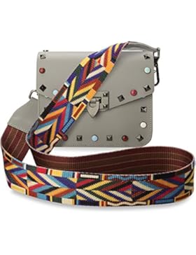 TRENDY italienische Damentasche Schultertasche Umhängetasche bunte Nieten Azteken – Muster vera pelle taupe