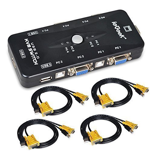 ieGeek Switch KVM Box Caja Conmutador 4 Puertos de USB-A 4 Conectores de USB-B 4 Entradas de VGA y cada dos Cable de Tipo-A Tipo-B y VGA de Calidad Alta Para Monitor de PC, Teclado, Control de Ratón, Impresora, Escáner y mucho más, Negro