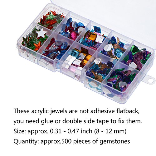 Outus 500 Stück Edelsteine Flatback Strasssteine Acryl Handwerk Juwelen Edelstein Verschönerungen, Herz Stern Quadrat Oval, Rund, mit Kunststoff Aufbewahrungsbox, Sortierte Farbe - 3