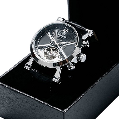 yisuya Herren Tourbillon-Uhr Leder-Uhr, Schwarzes Zifferblatt mit Silber-Gehuse, zum selbstaufziehen Analog-Armbanduhr yisuya Herren Tourbillon-Uhr Leder-Uhr, Schwarzes Zifferblatt mit Silber-Gehuse, zum selbstaufziehen Analog-Armbanduhr