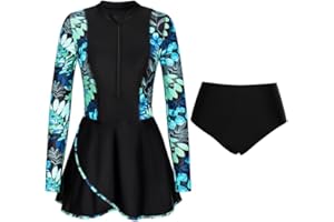 JASAMBAC 2-Piece Rash Guard Swimsuits for Women UPF 50+ Zipper Swim Dress with Swim Breif Modest Swimwear Ladies Swimming Costumes Bathing Suit Soft Surf Suit