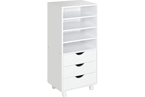 Vinsetto Cajonera de Oficina con 3 Cajones y 4 Estantes Abiertos Cajonera Escritorio con Ruedas para Oficina Estudio 38x40x86,8 cm Blanco