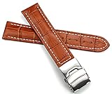 Sulla 22mm Herren Leder Uhrenarmband Edelstahl Faltschließe braun Krokoprägung Weiße Naht