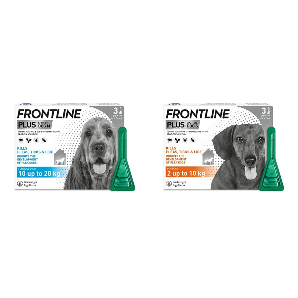 FRONTLINE Plus Flea & Tick Treatment for Medium Dogs (10-20 kg) - 3 Pipettes & Plus Flea & Tick Treatment for Small Dogs (2-10 kg) - 3 Pipettes
