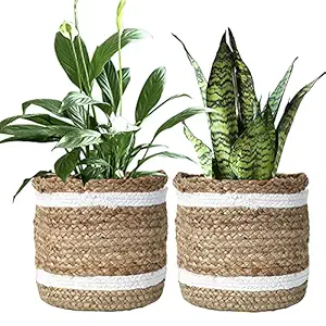 HomeStorie 8 Inches Jute Planter Basket Set for Home Garden Terrace Balcony, Pack of 2 (IN400*2)