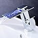 Produktbild JRUIA Design LED 3 Farbewechsel Wasserhahn Bad Wasserfall Waschtischarmatur Einhebel Mischbatterie Waschbecken Armatur Waschtischbatterie für Badezimmer aus Messing (Verchromt)