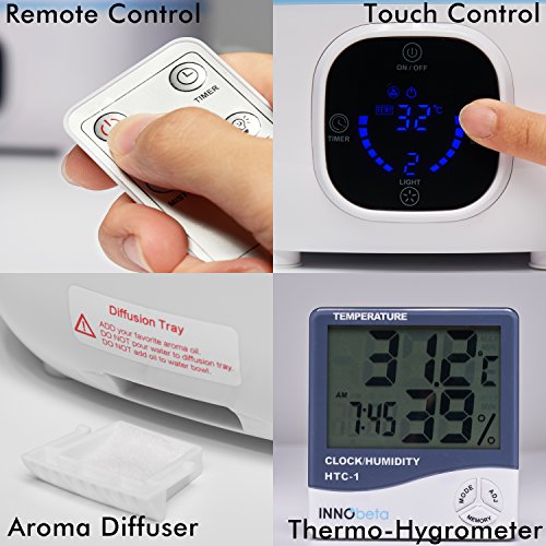 InnoBeta Fountain 3,0 Liter Ultraschall Kühler Nebel Luftbefeuchte, Leise, Automatische Abschaltung, Langanhaltend, mit LED Anzeige Touchpad und Fernbedienung (Blau) und Bonus Thermometer Hygrometer Uhr - 4
