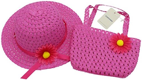 YOPINDO Baby Straw Hat Summer Girls Hat Purse Set Beach Floppy Hats Kids Sun Hat with Bag (Hot Pink)