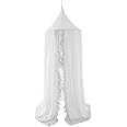 Wonder Space Elegant Kids Bed Canopy - Lace Chiffon Netting with Pom Pom, Princess Girls Fairy Dream Tent, Nursery Room Baby Crib Hanging Curtain Mosquito Net Children Reading Nook Decoration (White)