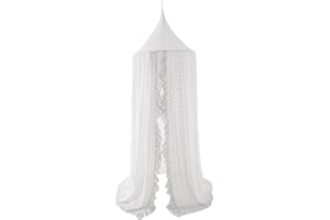 WONDER SPACE Élégant Ciel de Lit pour Lit Bébé et Berceau - Moustiquaire en Dentelle et Tulle avec Pompons, Tente de Rêve pour Filles Princesse, Coin Lecture pour Enfants, Décoration de Chambre de Nurserie, Blanc