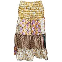 Mogul Interior Women’s Boho Chic Skirt Ruched Waist Upcycled Sari Tube Dress S/M Beige