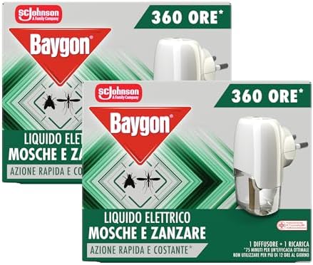 Baygon Liquido Elettrico Anti Mosche e Zanzare, Azione Rapida e Costante, Confezione da 2 Diffusori e 2 Ricariche da 360 Ore Ciascuna