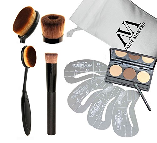 VALUE MAKERS® 3 Farben-Augenbrauen Shaping Puder professionellen Make-up-Palette + 4-Augenbraue-Schablonen + flüssige Grundlage Bürsten + Toothbruth Form Puderpinsel Schönheit kosmetische Tools Kit