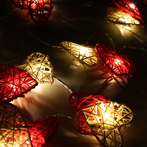 LED Herz Lichterkette 20er Partylichterkette Weihnachtslichterketten Deko für Innen Balkon Party Hochzeit Weihnachten batterie-betrieben Rattan Gewebe rot warmweiß 3.55m