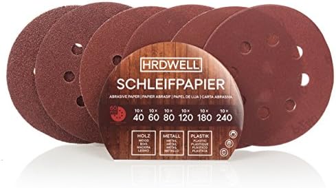HRDWELL® Sanding Discs Velcro Ø 125 mm 60 Piece Set Grain Sizes Per Set 10 x 40/60/80/120/180/240 Velcro Fastening Sandpaper Orbit Sander 8 Hole