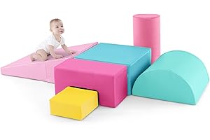 COSTWAY Set di 6 Blocchi per Bambini con Diverse Forme e Colori, Centro Attività Palestrina Giocattolo per Arrampicata e Strisciamento (Rosa scuro)