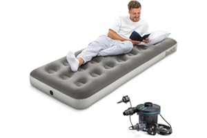 Bestway Premium Camping Single Airbed with Handheld Electric Pump, Single Flocked Inflatable Bed Portable, Air Mattress, Outdoor Camping Bed, Grey