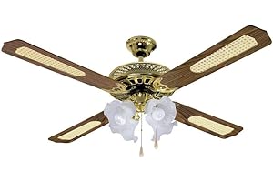 ELETTROFERRO Ventilatore a Soffitto legno Trio E14, 60 W, Finitura in ottono lucidato, Pale in legno