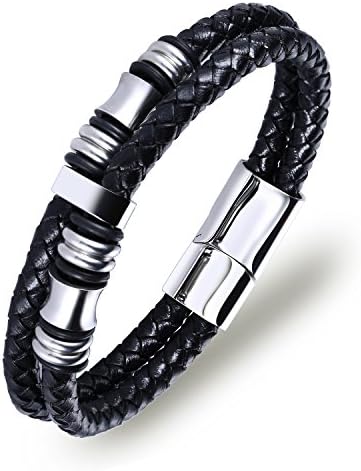 BANDPLUS Men’s Genuine Leather Bracelet Cowhide Wristband, 8.5" Length Two Braided Rope Bracelet Cuff Bangle for Men with 316L Stainless Steel Magnetic Clasp