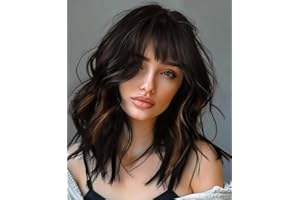 YEESHEDO 14 Pouces perruque femme courte bob perruques avec naturel frange, peruque afro brésilienne de cheveux bouclés ondulés de couleur naturelle noir avec marron