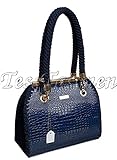  Klassische Handtasche.Dunkelblaue Lacktasche aus Krokodilleder (Imitation) Schultertasche mit geflochtenen Griffen und ösen.Exklusive Tasche in einem einzigen Exemplar