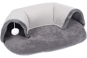Jodimitty Cat Tunnel Bed Grey Plush Cat Tunnels for Indoor Cats, Cat Play Mat with Hanging Ball Toy, Gift for Small Cat Bunny Hamster (66x45x15cm)