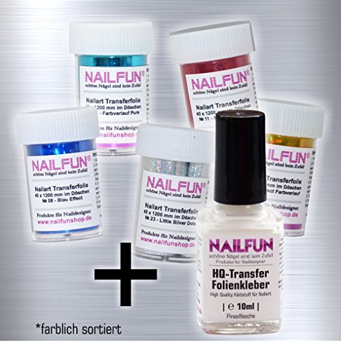 5 x Nailart Transferfolie je 120 x 4 cm (farblich sortiert) + 10ml Transferfolien-Kleber - 2