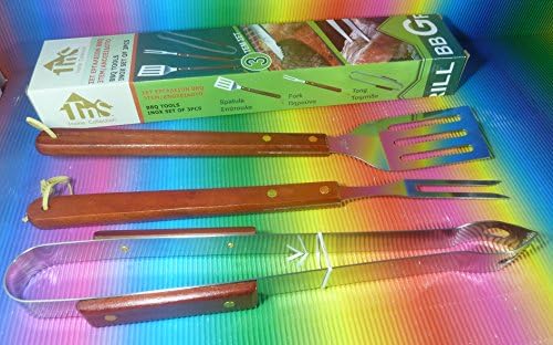 BBQ TOOLS INOX SET OF 3 PCS WITH WOODEN HANDLE, SPATULA,FORK,TONG ,MIC,NEW