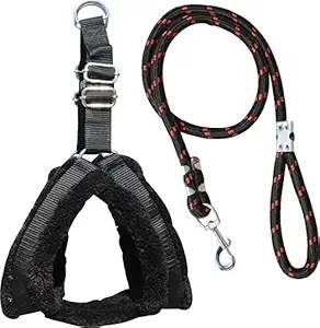 Senapati Dog Belt Combo of Nylon Fur Padded Black Dog Harness with Black Dog Lead Specially for Medium Breeds Dog Harness (Black) (Black)