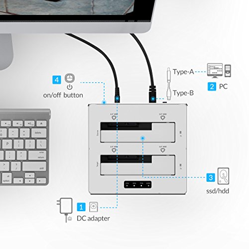 ORICO – Festplatten Dockingstation mit Offline Klon für 2,5 und 3,5 Zoll HDD SSD, Aluminium Doppel Festplattengehäuse, USB 3.0, SATA III 6Gb/s, Hochgeschwindigkeit, UASP Beschleunigung, bis zu 2 x 8 TB - 4
