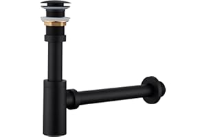 Ulytid Sifón Lavabo, Válvula de Desagüe sin Rebosadero, Universal Para Fregadero y Lavabo, Resistente a Los Olores con Salida de Limpieza, Sifón de Acero Inoxidable Regulable en Altura, Negro