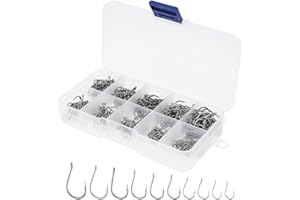 OPIURVY 200 Piezas Anzuelos de Pescas, 10 Diversos 3# - 12# Pequeña Ganchos de Pesca con Agujero, Anzuelos de Púas del Acero de Carbono, Anzuelos de Pesca Mar y Agua Dulce,con Caja de Plástico